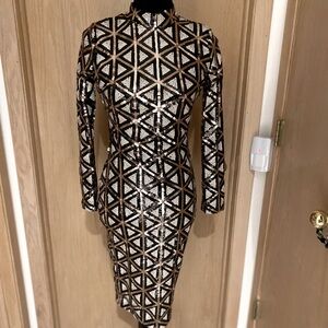 NEW Sequin geo print mock neck AKIRA BLACK LABEL  Sz Small bodycon party dress